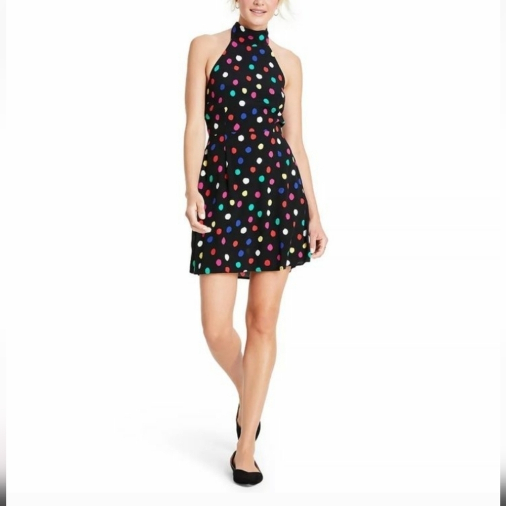 NWT RIXO For Target Polka Dot Halter Dress - Black with Multicolor Dots